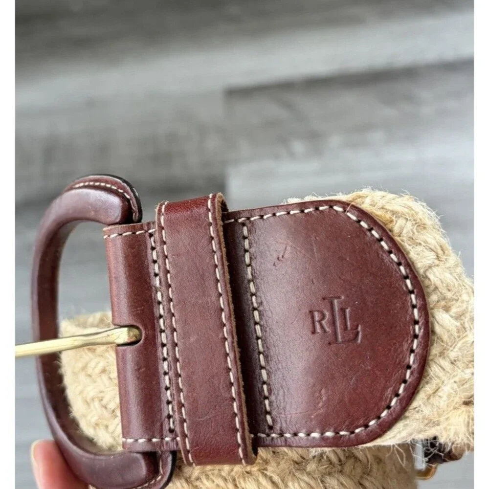 Lauren Ralph Lauren Woven Raffia Leather Wide Belt Women Size M Brown Boho RLL